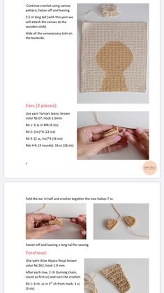 the instructions for crochet is shown in three different stages, including knitting and stitching