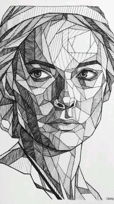 a pencil drawing of a woman's face with geometric shapes on paper next to two pens