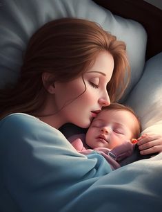 a painting of a woman holding a baby in her arms while laying on a bed