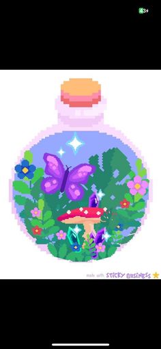 an image of a glass bottle with a butterfly on the top and flowers around it