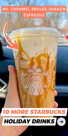 someone is holding up a starbucks drink with caramel drizzle and whipped cream