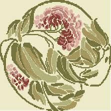 a cross stitch pattern with flowers and leaves on the bottom, in green and pink colors