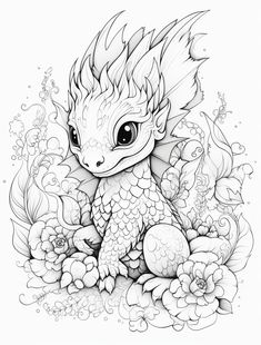 a black and white drawing of a baby dragon sitting on flowers with its eyes open