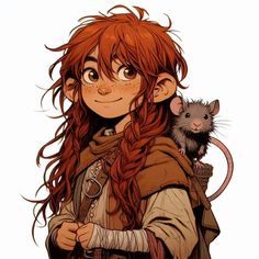 a girl with long red hair holding a rat in her arms and looking at the camera