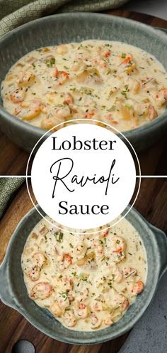 lobster ravioli sauce in a skillet on a cutting board with the words lobster ravio sauce above it