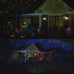 two houses with christmas lights on them at night and in the dark, one is lit up