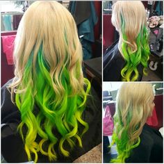 Teal, green, and yellow hair extension sew-in one blonde hair by Micky McBride at Five Points Beauty Salon Blonde With Yellow Highlights, Blonde And Yellow Hair, Blonde Hair With Green Highlights, Blonde And Green Hair, Green And Yellow Hair, Green Hair Streaks, Green Hair Extensions, Toner Formulas, Colored Hairstyles