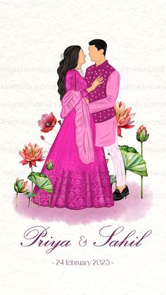 a wedding card with an image of two people in pink and purple outfits, one holding the