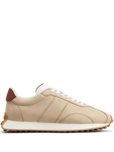 archive beige calf leather panelled design debossed logo to the side logo-debossed tongue round toe front lace-up fastening contrasting branded heel counter branded insole signature Gommino sole Classic Beige Sneakers With Stitched Sole, Cream Leather Sneakers With Stitched Sole, Beige Leather Sneakers With Rubber Sole, Designer Beige Leather Sneakers, Beige Calf Leather Sneakers With Rubber Sole, Cream Lace-up Calf Leather Sneakers, Classic Beige Sneakers With Rubber Sole, Classic Beige Sneakers With Leather Sole, Beige Leather Sneakers With Contrast Sole