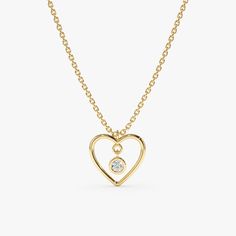 Yellow Gold Single Diamond Heart Necklace Gold Necklace Diamond, Heart Outline, Solitaire Necklace, Heart Necklace Diamond, Solid Gold Necklace, Diamond Solitaire Necklace, Pendant Necklace Gold