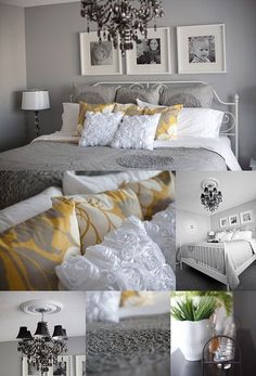 a collage of photos with white and yellow accents in the bedroom, including bedding