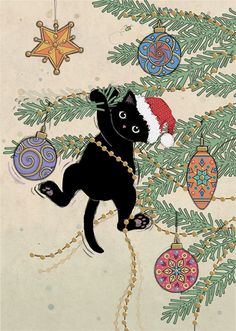 a black cat hanging from a christmas tree