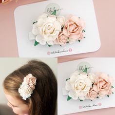 A partially lined alligator hair clip measuring 65mm long featuring a lovely flower arrangement using high quality mulberry roses in pink mist and off white. Ideal hair clip for Flower girls, Weddings, and all of those Special occasions.  Able to make minor alterations to colours etc just leave a note on your order. SOCIAL MEDIA  If you would like to follow us on Social Media for updates and news please go to, Instagram @lilabowhair Facebook @lilabowhair SAFETY NOTICE  Babies should be supervised at all times while wearing hair bows, clips and headbands. Hair bows, clips and headbands should always be removed when baby is sleeping. Flower Girl Wedding Hair, Flower Girl Hair Piece, Clip Wedding Hair, Hair Clip Flower, Flower Girl Hair, Wedding Hair Clip, Leopard Hair, Bridesmaid Flower, Flower Girl Headbands