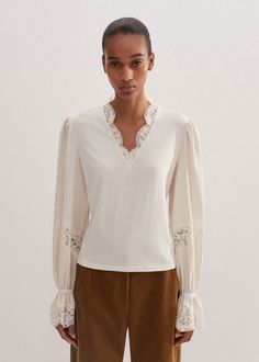 Satin Lace Layering Blouse | ME+EM Stylish Blouses, Crochet Lace Blouse, Casual Blouse Shirts, Fashion Me, Flower Blouse, Ladies Blouse Designs, Lace Side, Womenswear Fashion, Satin Blouses