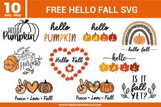 the free hello fall svg bundle includes pumpkins, leaves and other autumn decorations