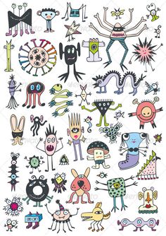 an image of various cartoon characters in different colors and sizes on a white paper background