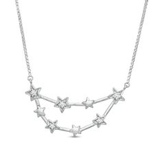 Just for the Capricorn, this stellar diamond necklace reflects her resilient spirit. Crafted in sterling silver, this sculpted constellation shimmers with polished and diamond-touched stars. Captivating with 1/20 ct. t.w. of diamonds and a brilliant buffed luster, this design suspends centered along an 18.0-inch box chain that secures with a lobster claw clasp. Capricorn Constellation, Constellation Necklace, Peoples Jewellers, Zodiac Necklaces, Box Chain, Diamond Stone, White Metal, Diamond Clarity, Stone Settings