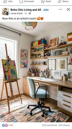 an image of a home office with lots of art on the walls and desks