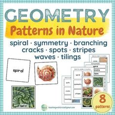 a book with pictures and words on it that says, geometric patterns in nature spiral