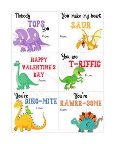 four dinosaur valentine cards with the words happy valentine's day