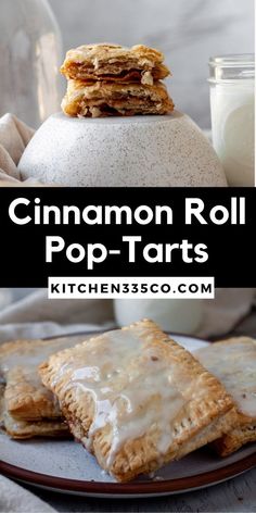 cinnamon roll pop tarts on a plate with a glass of milk