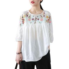 NEVETTE Women's Fashion Vintage Tunic Linen Premium Quality Embroidery Blouse Winter Blouses, Linen Shirts Women, Linen Tshirts, White Tunic, Skirt Maxi, Vintage Blouse, Embroidery Blouse, Loose Blouse, Blouse Vintage