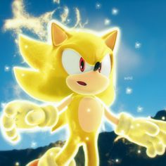 an image of a yellow sonic the hedgehog with big eyes and red nose, standing in front of a blue sky