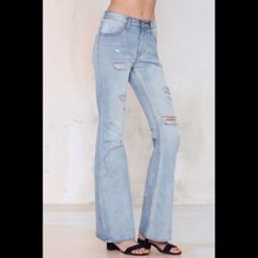 Nasty Gal Distressed Denim Bell Bottoms! Amazing For Summer And Festival Wear! A Little Wrinkled As Pictured Due To Packaging! Paint Detail On Bottom Calves! Never Worn (Too Long). Tag On Size 26 Denim Bell Bottoms, Distressed Denim Jeans, Too Long, Festival Wear, Colored Jeans, Distressed Denim, Bell Bottoms, Flare Jeans, Denim Jeans