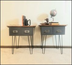 two nightstands side by side with books on top and an old telephone in the middle