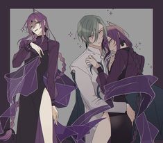 three anime characters with long purple hair