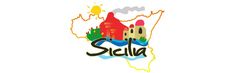 the logo for sicla, an italian country with colorful buildings and mountains in the background