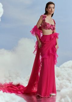 Nachiket Barve-Fuchsia Pink Lunar Blossom Sari Set-INDIASPOPUP.COM Bollywood Style Ruffled Organza Pre-draped Saree, Bollywood Style Ruffled Saree For Evening, Evening Organza Saree With Ruffles, Elegant Organza Saree With Ruffles, Elegant Organza Pre-draped Saree With Ruffles, Glamorous Organza Pre-draped Saree, Elegant Pre-draped Ruffled Organza Saree, Evening Organza Sets With Ruffles, Silk Saree With Ruffles For Evening