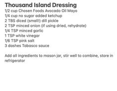 the menu for thousand island dressing is shown in black and white, along with instructions on how to make it