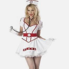 a woman dressed in a nurse costume with a stethoscope on her hip