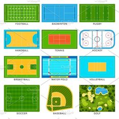 the different types of sports field in various colors and sizes, with names on each side