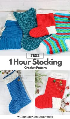 four crocheted socks with text that reads, free 1 hour stocking crochet pattern