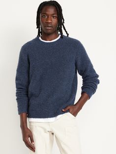 crew neck long sleeves pullover style relaxed fit hits at hip model is approx.  6'1" and wears size mwash according to the care instruction label  . Best Holiday gift for Men , perfect Sweaters for Christmas! Boucle Sweater, Pajamas Gift, Slouchy Sweater, Old Navy Men, Family Maternity, Family Pajamas, Outerwear Sweater, Blue Sweaters, Long Sleeve Pullover