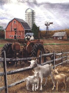 an image of a farm scene with sheep and horses