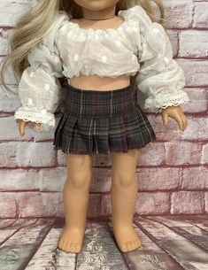 Super adorable flocked peasant top and pleated skirt made for 18 inch dolls. Pleated Skirt Outfit, Rock Outfit, Doll Dresses, Skirt Outfit, Peasant Top, Peasant Tops, Skirt Outfits, Doll Dress, Pleated Skirt