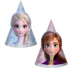 two hats with frozen princesses on them, one has blue eyes and the other has blonde hair