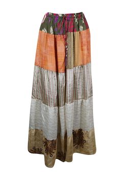 Embrace the seasons with this beautifully flared maxi skirt, handcrafted from recycled saree fabric in rich Beige, Orange, and floral prints. Featuring a comfortable drawstring waist and a graceful ankle-length silhouette, this boho-chic piece is perfect for everything from casual market strolls to vibrant beachside festivals. Designed to let your adventurous spirit shine, the skirt is available in one versatile size (S/M/L), offering a perfect blend of bold style and sustainability. Its captiva Multicolor Long Maxi Skirt For Festivals, Multicolor Bohemian Maxi Skirt For Festivals, Bohemian Multicolor Maxi Skirt For Festivals, Bohemian Maxi Skirt For Festive Occasions, Traditional Multicolor Maxi Skirt For Festivals, Traditional Multicolor Flowy Maxi Skirt, Traditional Multicolor Maxi Skirt, Traditional Multicolor Tiered Maxi Skirt, Festive Long Multicolor Skirt