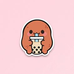 an animal sticker with a drink in it's mouth on a pink background