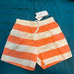 Zara Mens Swimsuit 5in Inseam Size Medium New With Tags Striped Cotton Swim Trunks For Spring, Spring Striped Cotton Swim Trunks, White Swim Trunks For Spring Swimming, White Swim Trunks For Swimming, Casual Fitted White Swim Trunks, Spring Striped Cotton Swimwear, Cotton Summer Swim Trunks, White Zara Beach Swimwear, White Swim Trunks For Poolside In Spring