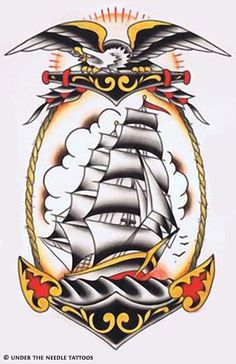 an old school tattoo design with a ship in the middle and two birds on top