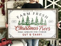 a young boy holding up a sign for christmas trees, pine - spruce - fir - cedar cut and carry