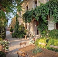 an outdoor dining table and chairs in front of a house with ivy growing on the walls