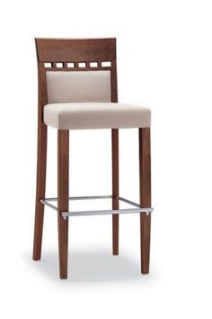 a wooden bar stool with a beige upholstered seat and back rest on an isolated white background