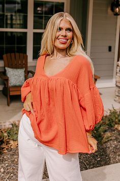 Orange V-neck Top For Day Out, Flowy Orange V-neck Blouse, Orange V-neck Blouse For Day Out, Orange V-neck Blouse For Brunch, Orange V-neck Blouse For Vacation, Coral Cottage, Denim Skort, Gauze Top, Loose Sleeves