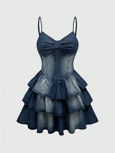 Women's Denim Layered Cake Dress With Bow-Knot, Cute Pure Color Sleeveless Dress Blue Sexy  Sleeveless Denim Plain Cami Non-Stretch  Women Clothing, size features are:Bust: ,Length: ,Sleeve Length: Strapless Denim Blue Dress For Summer, Chic Strapless Dark Wash Denim Dress, Fitted Denim Dress With Ruffles, Chic Denim Mini Dress With Ruffles, Casual Dark Wash Strapless Dress, Summer Strapless Denim Dress, Dark Wash Strapless Mini Dress For Summer, Denim Party Dresses With Ruffles, Chic Strapless Denim Dress