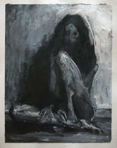 a black and white painting of a woman sitting on the ground with her head down